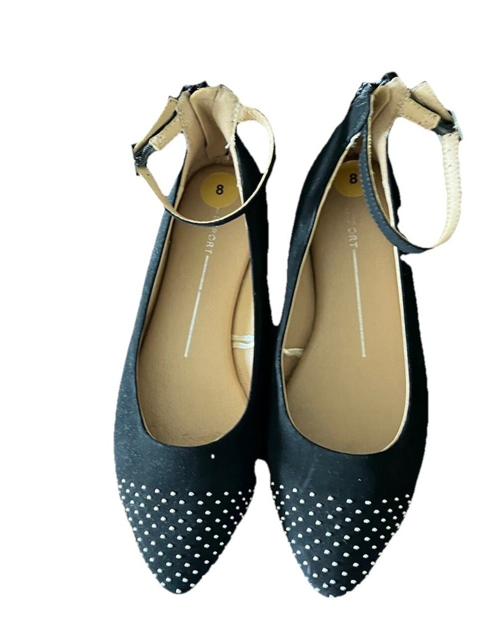 Report Black Pointed Toe Flats with Ankle Strap and Stud Accents